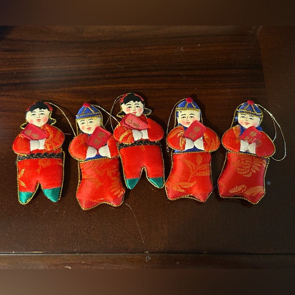 Vintage Chinese boy and girl silk ornaments